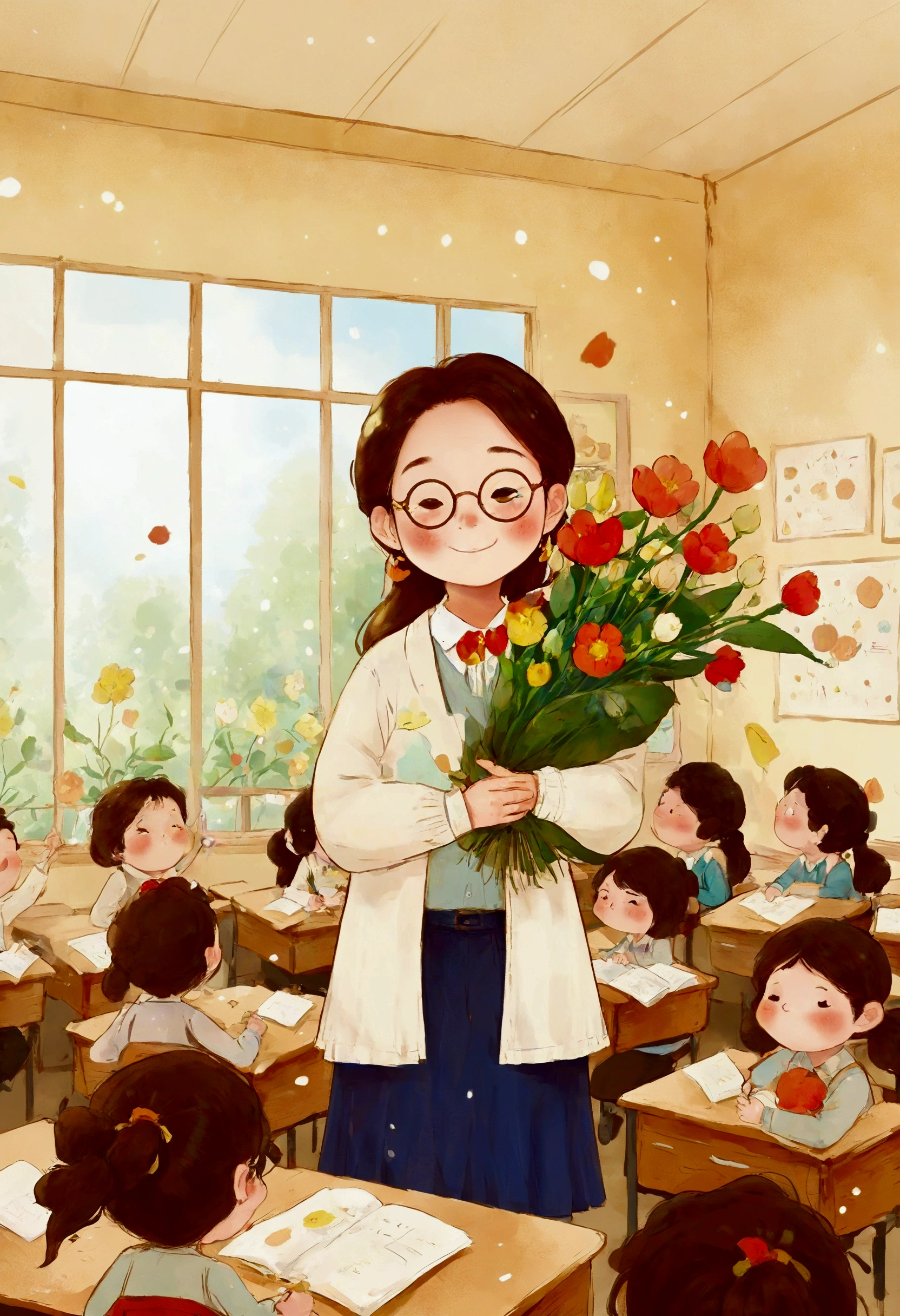 The classroom is filled with sunshine in the afternoon, A teacher wearing glasses happily holds flowers sent by students, warm tone, teacher's character design
