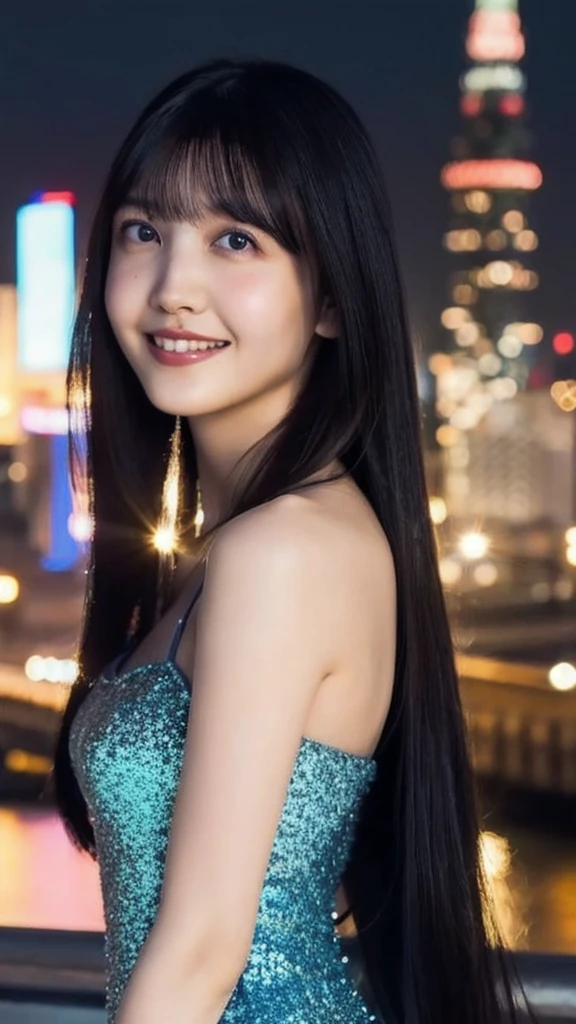 1girl,(wearing a blue glittery evening dress:1.2),(RAW photo, best quality), (realistic, photo-realistic:1.4), masterpiece, an extremely delicate and beautiful, extremely detailed, 2k wallpaper, Amazing, finely detail, extremely detailed CG unity 8k wallpaper, ultra-detailed, highres, soft light, beautiful detailed girl, extremely detailed eyes and face, beautiful detailed nose, beautiful detailed eyes,cinematic lighting,city lights at night,perfect anatomy,slender body,light smile,close up,(long hair with bangs)