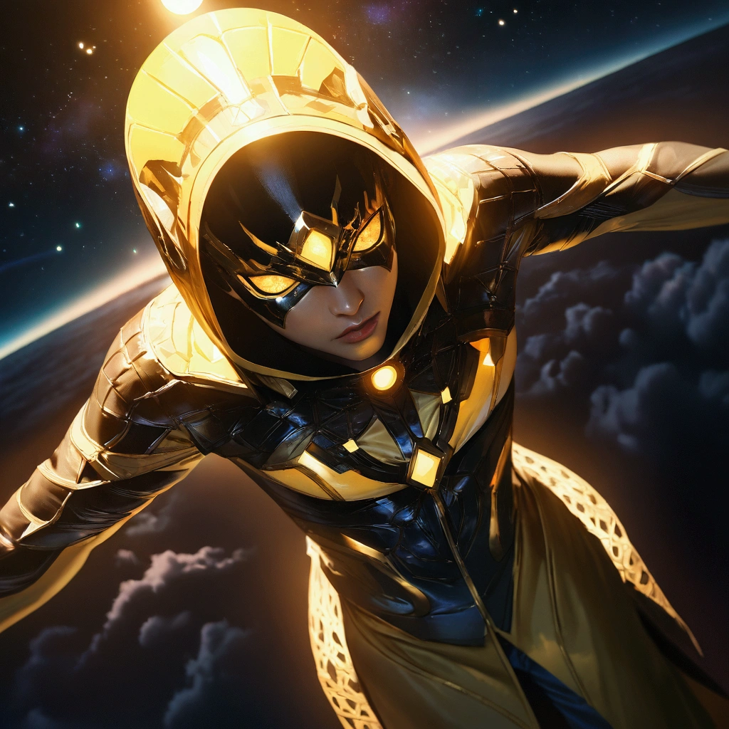 a young man in a yellow lantern costume flying through outer space, intricate detailed costume, dramatic lighting, nebula clouds, stars, cinematic angle, highly detailed, 8k, hyperrealistic, dramatic lighting, vivid colors, glowing costume, photorealistic, masterpiece