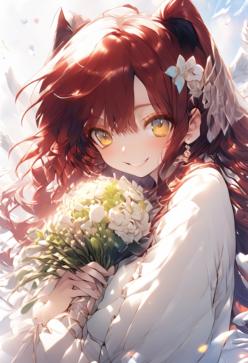 Red Hair、Mischievous smile、Squeeze your chest between your hands、Yellow Eyes、Pure white dress、bouquet