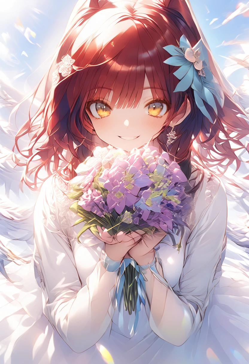 Red Hair、Mischievous smile、Squeeze your chest between your hands、Yellow Eyes、Pure white dress、bouquet