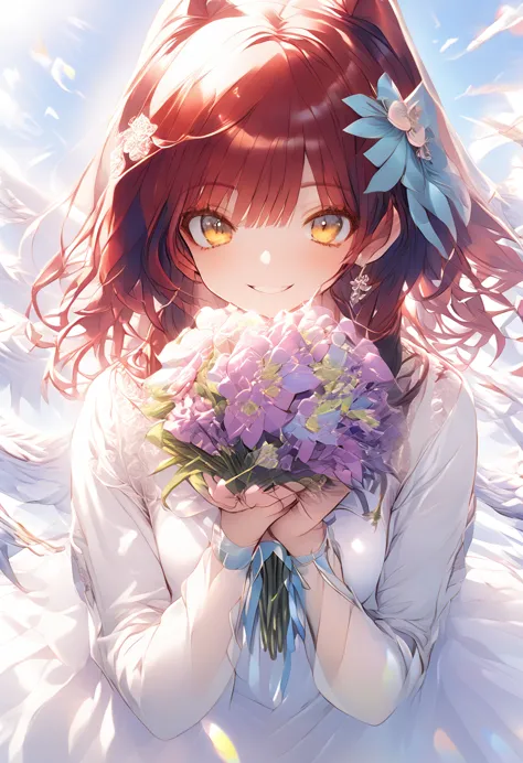 red hair、mischievous smile、squeeze your chest between your hands、yellow eyes、pure white dress、bouquet