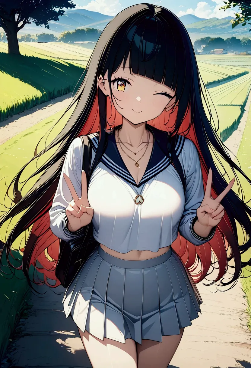 (((anime))) winking woman,peace sign,cute,student,long hair,fluffy long hair,(black hair),diagonal bangs,necklace,yellow eyes,bi...