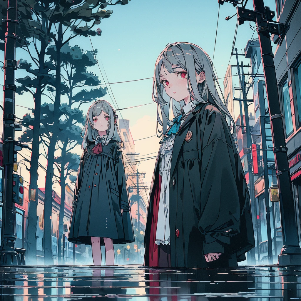 Street trees at dusk, Tense lens, The main part of the photo is the background with the puddle, Bright and fresh photos, Beautiful abstract street tree with a teenage girl character inside it. Gray hair color, Red glowing eyes, Long Hair, Mole under left eye, blue rose brooch, Gothic Fashion, surreal background, Captivating Style,