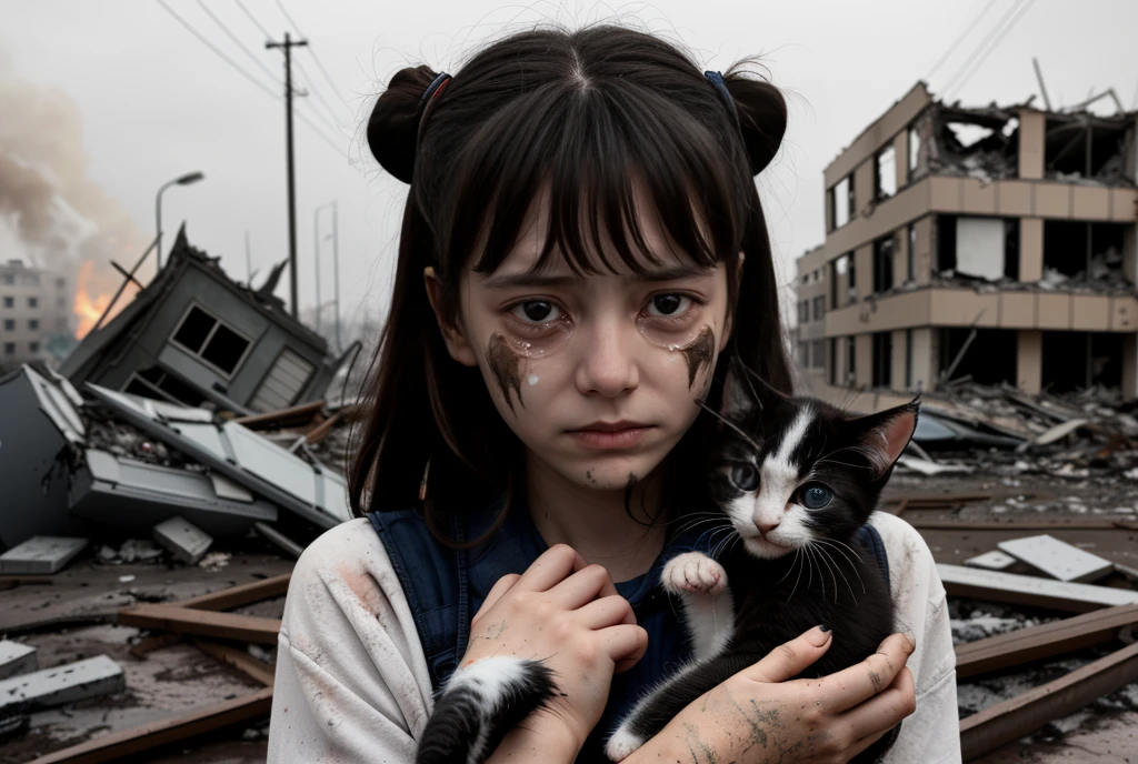 1 girl, solo,  5 years, mud-stained face, Ukrainian girl in the foreground, holding a kitten in his hands, crying, 
 black and white background of a destroyed Ukrainian city, smoke in the background The girl is small in size