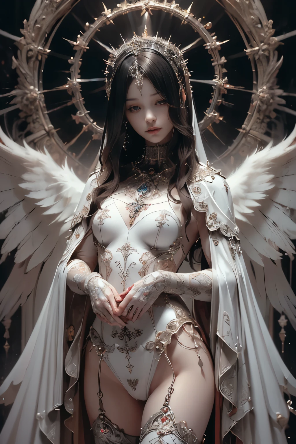 ((Highest quality、8k、masterpiece:1.3))，((Gothic Punk Angel、Prayer Pose、nude))、Image color is white、Japan Maiden，((Full body portrait)),Best image quality，Ultra Clear，The facial features are delicate and well defined，Exquisite detail，(Camel Toe)、Slim body、Small breasts、Small Ass、Upright pose、Black Hair、Bob Style、Cropped bangs、masterpiece、Surreal、Anatomical、Facial muscles、elegant、Beautiful background、Octane Rendering,Cathedral、