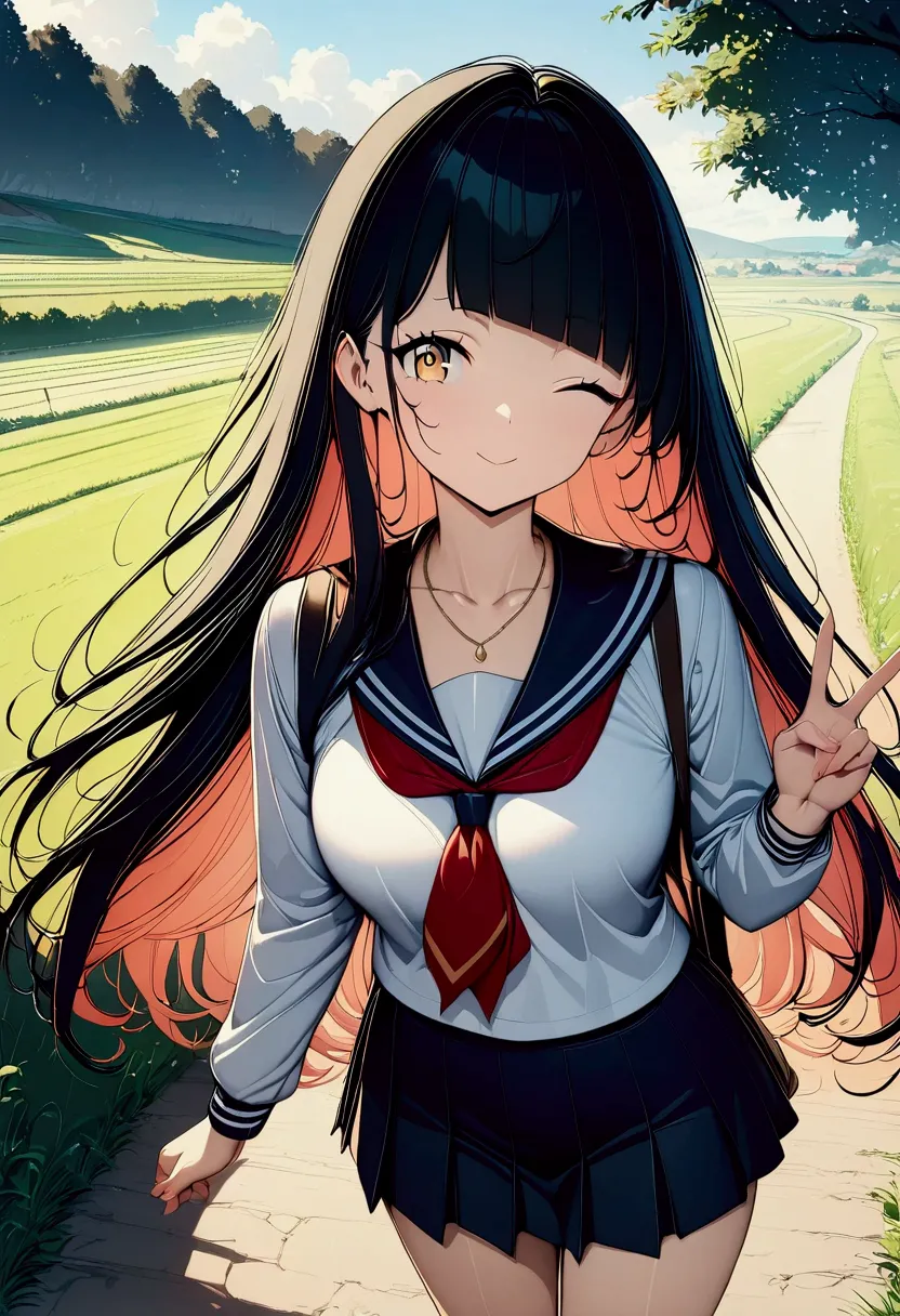 (((anime))) winking woman,peace sign,cute,student,long hair,fluffy long hair,(jet black hair),diagonal bangs,necklace,yellow eye...