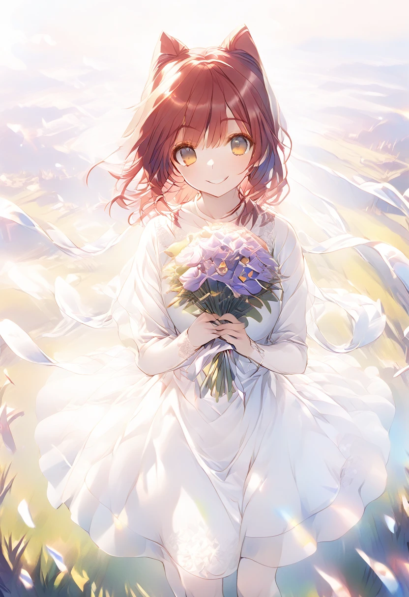 Red Hair、いたずらっぽいsmile、Yellow Eyes、Pure white dress、bouquet、In the middle of a flower-filled hill、Sunset、smile