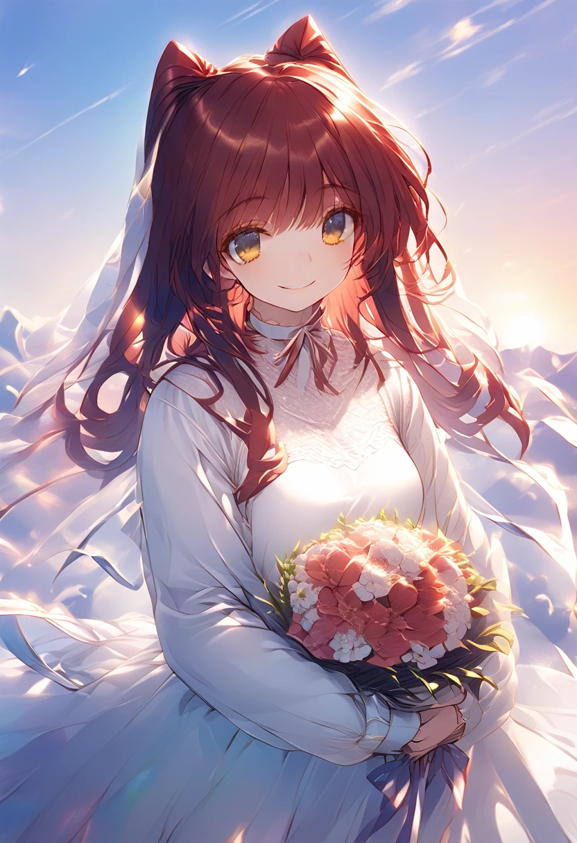 Red Hair、いたずらっぽいsmile、Yellow Eyes、Pure white dress、bouquet、In the middle of a flower-filled hill、Sunset、smile