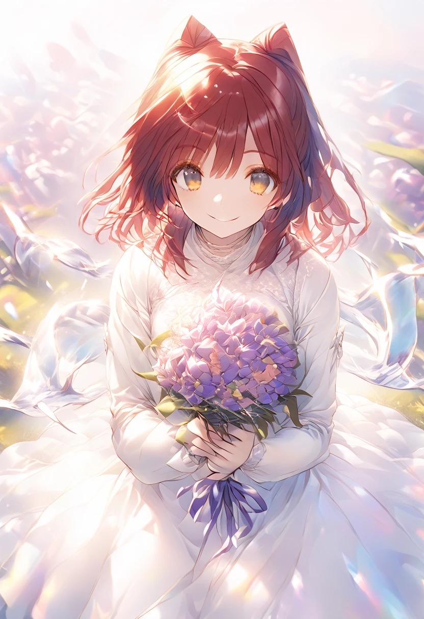 Red Hair、いたずらっぽいsmile、Yellow Eyes、Pure white dress、bouquet、In the middle of a flower-filled hill、Sunset、smile