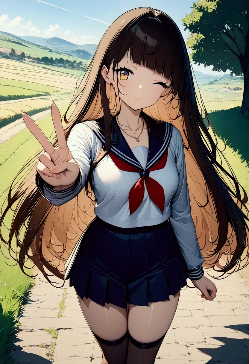 (((anime))) winking woman,peace sign,cute,student,long hair,fluffy long hair,(brown hair),diagonal bangs,necklace,yellow eyes,bi...