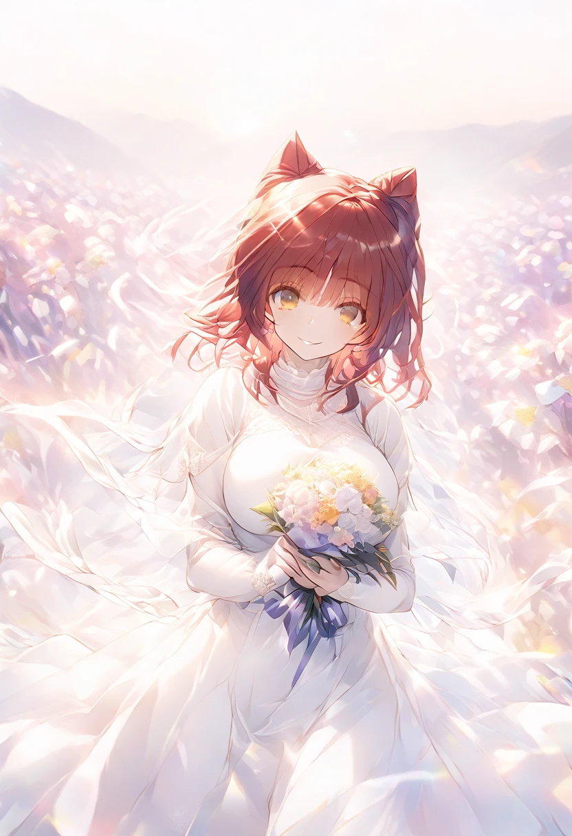 Red Hair、いたずらっぽいsmile、Yellow Eyes、Pure white dress、bouquet、In the middle of a flower-filled hill、Sunset、smile、Big Breasts