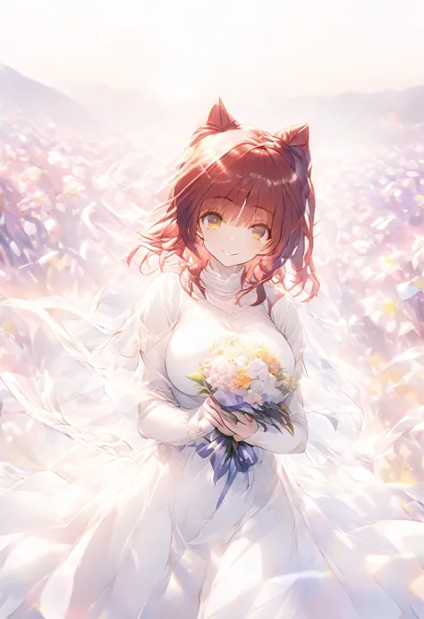 red hair、いたずらっぽいsmile、yellow eyes、pure white dress、bouquet、in the middle of a flower-filled hill、sunset、smile、big breasts