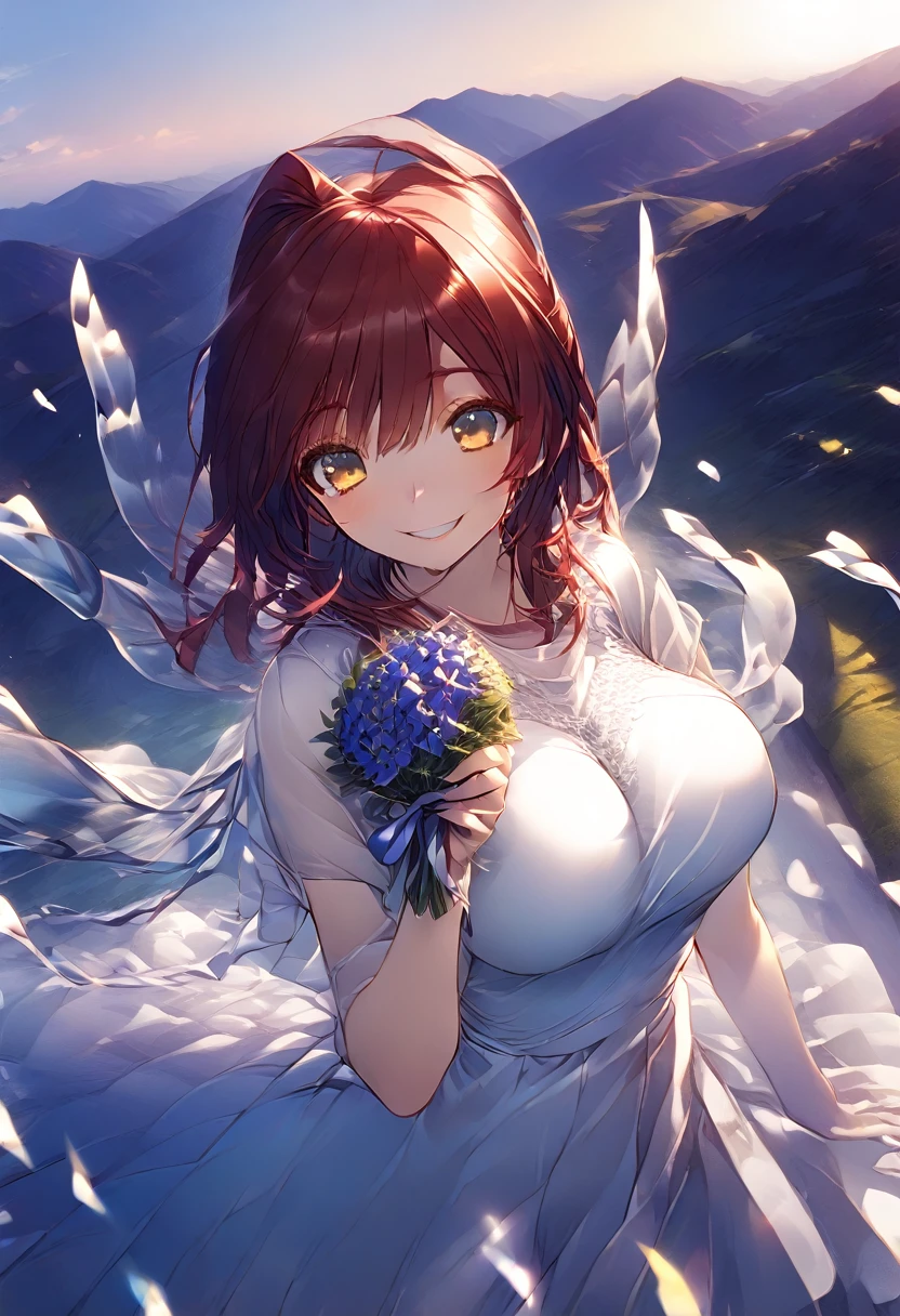 Red Hair、いたずらっぽいsmile、Yellow Eyes、Pure white dress、bouquet、In the middle of a flower-filled hill、Sunset、smile、Big Breasts