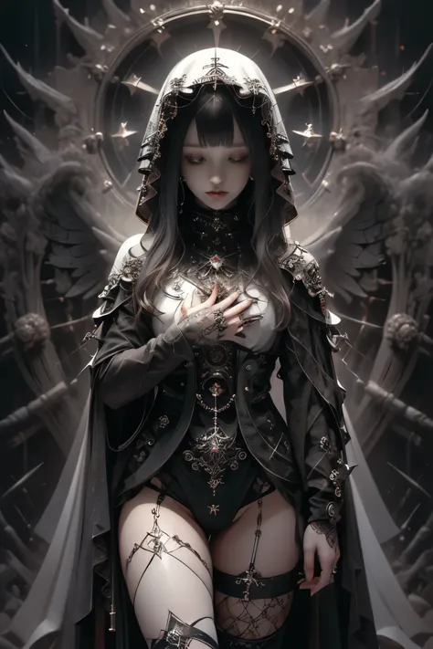 ((highest quality、8k、masterpiece:1.3))，((gothic punk angel、prayer pose))、image color is white、japan maiden，((full body portrait)...