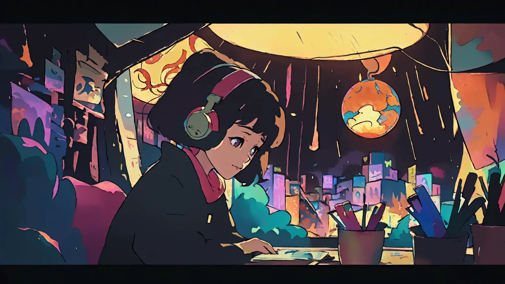 asian woman studying in the room, dream, wear headphones, night lighting, neon scenery on a rainy day, analog color theme, lo-fi...