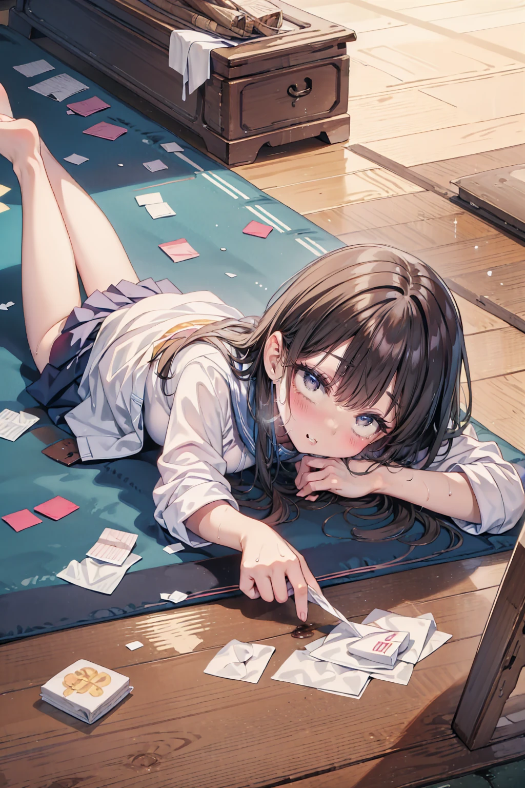 (Highest quality,4K,High resolution,masterpiece:1.2),Very detailed,Crumpled used tissues scattered on the floor,Oil is dripping from the ceiling onto the girl,Matt&#39;s place々It is very dirty and discolored.,Please give me lots of used crumpled tissue paper.,Used tissues on the mat,A shiny pink rubber can,Multiple cans of shiny pink food,Several rubber toys,,The whole body is covered in oilで光沢感がある　とてもbeautiful girl　ベッドに横たわるbeautiful girl　Your breasts are too big　Very large breasts　Dynamic pose　Yogurt sauce spilled on the ground　Used tissue paper on the ground,　 Crumpled used tissue paper, Used tissue paper on the ground,　Excessive sweating on the face,Dripping sweat,Sit on the bed,　Dirty duvet　Very old thick mat ,Gymnasium Warehouse,Very old floorboards、Very dirty and old room,　There are a lot of used tissues on the floor ,　Crumpled used garbage is scattered all over the place.....,　 A room cluttered with used tissue paper,　I am going to cry　Embarrassing　Used, wrinkled tissue rolls are scattered around　Wearing a sailor uniform　Very cute pleated skirt　Cute, tight-fitting pink shorts　Primary school students　Illustration Style　Anime Style　wide lips　beautiful girl　Very cute clothes　Cheeks pink　Light purple hair　Blonde long hair　super curly hair　Super long sideburns　Rubber clothing　hair band　Pearl white silk tights that become transparent when wet　White super long boots　Big eyes　Droopy eyes　Shocking Pink Rouge　Sweating profusely　　Crushed used tissue paper　The whole body is wet from rain　Steam coming out of the whole body　Steam rises across the screen.　white breath　Haa　The whole body is covered in oil　evening　Orange background　Very orange screen　Sunset sunshine　The whole body is covered in oilで光沢感がある　Tear used tissue paper into small pieces,　 Crumpled tissue paper, Torn tissue paper scattered on the ground,　Excessive sweating on the face,Dripping sweat,汚れたSit on the bed,　Dirty bedding　
