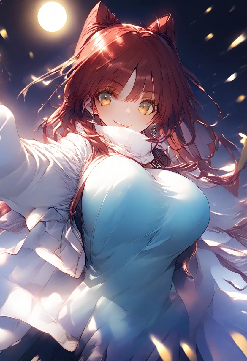 Red Hair、いたずらっぽいsmile、Yellow Eyes、smile、Big Breasts、moonlight、snow