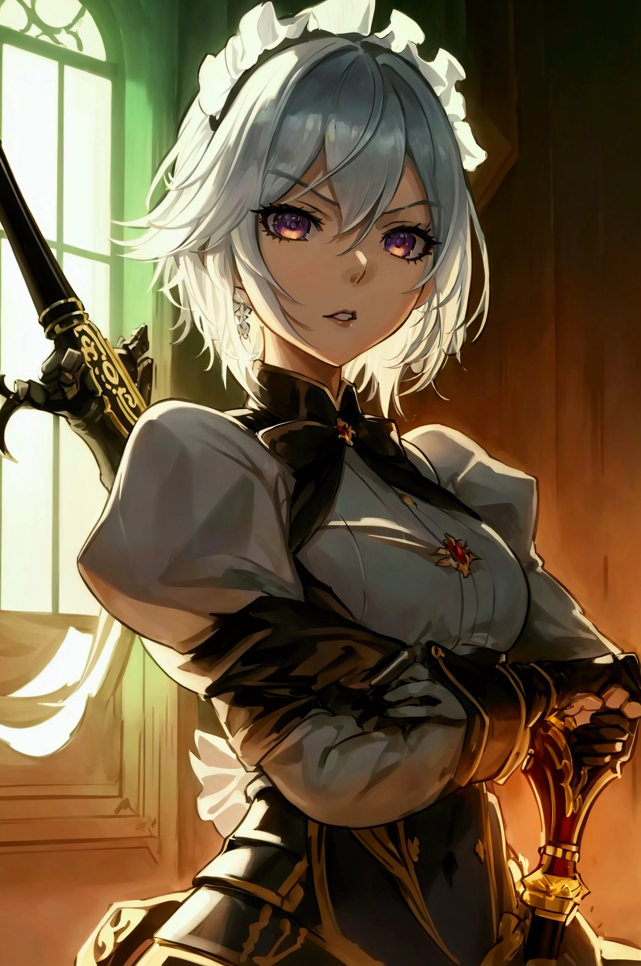 one girl, dynamic pose, extremely detailed, simple colors, holding weapon, battle maid, beautiful, anime style, psychopath like theme, short white hair, full body, intricate details, dramatic lighting, cinematic composition, high contrast, vibrant colors, chiaroscuro, digital art, concept art, masterpiece, , HDR,, detaled outfit,  show full body, genshin style, 