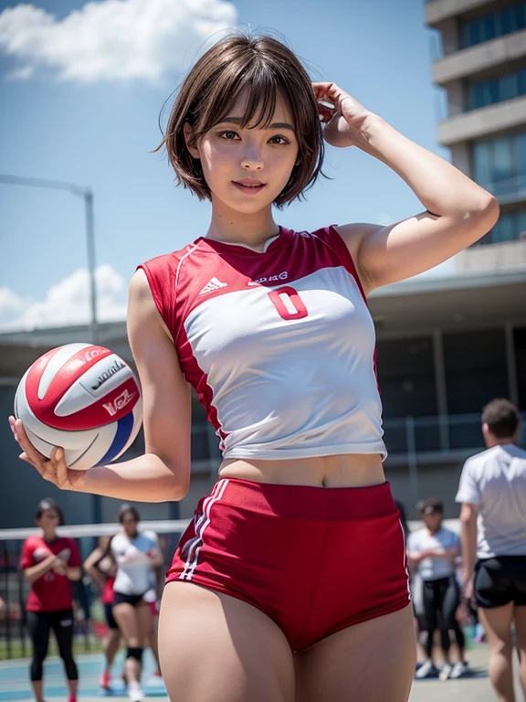 (((Whole body 1.4)))),1 girl, masterpiece,Best image quality,9 years, smile, Beautiful Eyes, Perfect Eyes, Beautiful Lips, Perfect Lips, short hair, Are standing, ,Volleyball player in red uniform,Hot pants style,Moriman,Backwards,Look at me,,Perfect Face, Angelic,Idol, Superrealism,Surreal, Japanese girl film grain, Gym