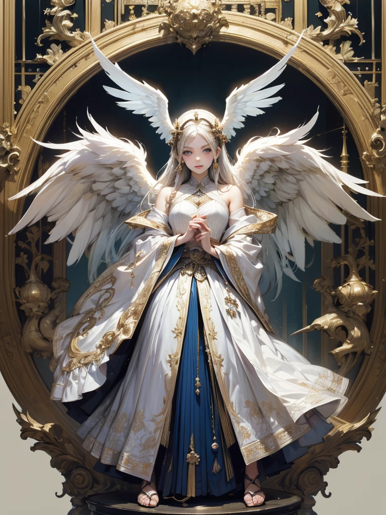 (Designed by nty:1.4),Full length portrait of 1 , design de personagem de yoshitaka amano,only,angelic, symmetric beauty, the angel&#39;s wings, gorgeous long dress, He gets up, (((only))), Colorful placement，clear facial features, Clean line design, Magic Elements, future-tech, ((tarot card background)), Standing figure of the figure, ((flat-colors)), (Masterpiece artwork，Maximum quality，best qualityer，ultra-high resolution), ((exquisite facial features，clear facial features，beautiful eyes，gorgeous face))