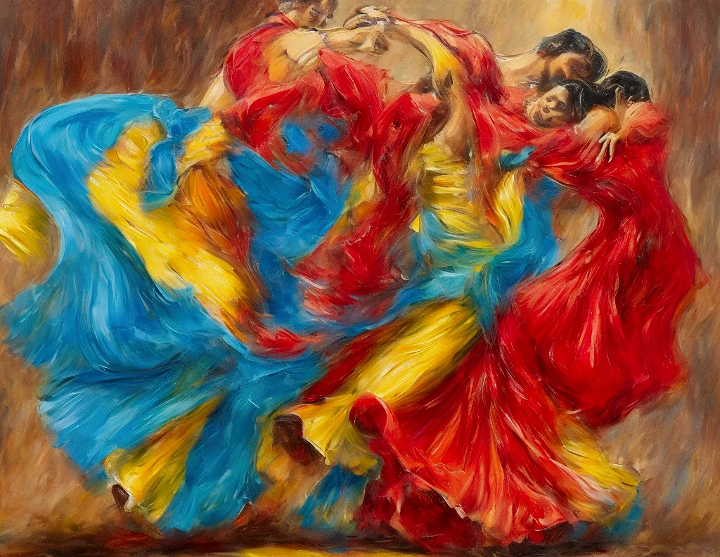 painting of a couple dancing a flamenco dance in a city, dancing with each other, salsa dancing, couple dancing, sensual dancing...