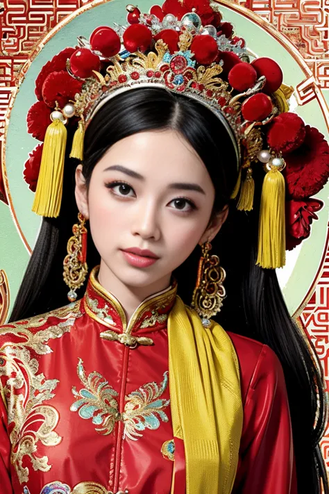 a woman in a red and gold chinese dress，phoenix crown，a chinese wedding，（tmasterpiece，top quority，best qualtiy，offcial art，beaut...