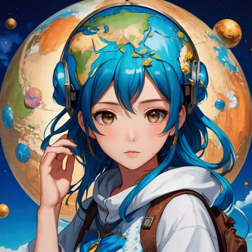 One Pretty Woman、Wearing the Earth on his head、chibi、Blue Hair、Brown eyes、hoodie、Seraphi、Anlucia、Veronica