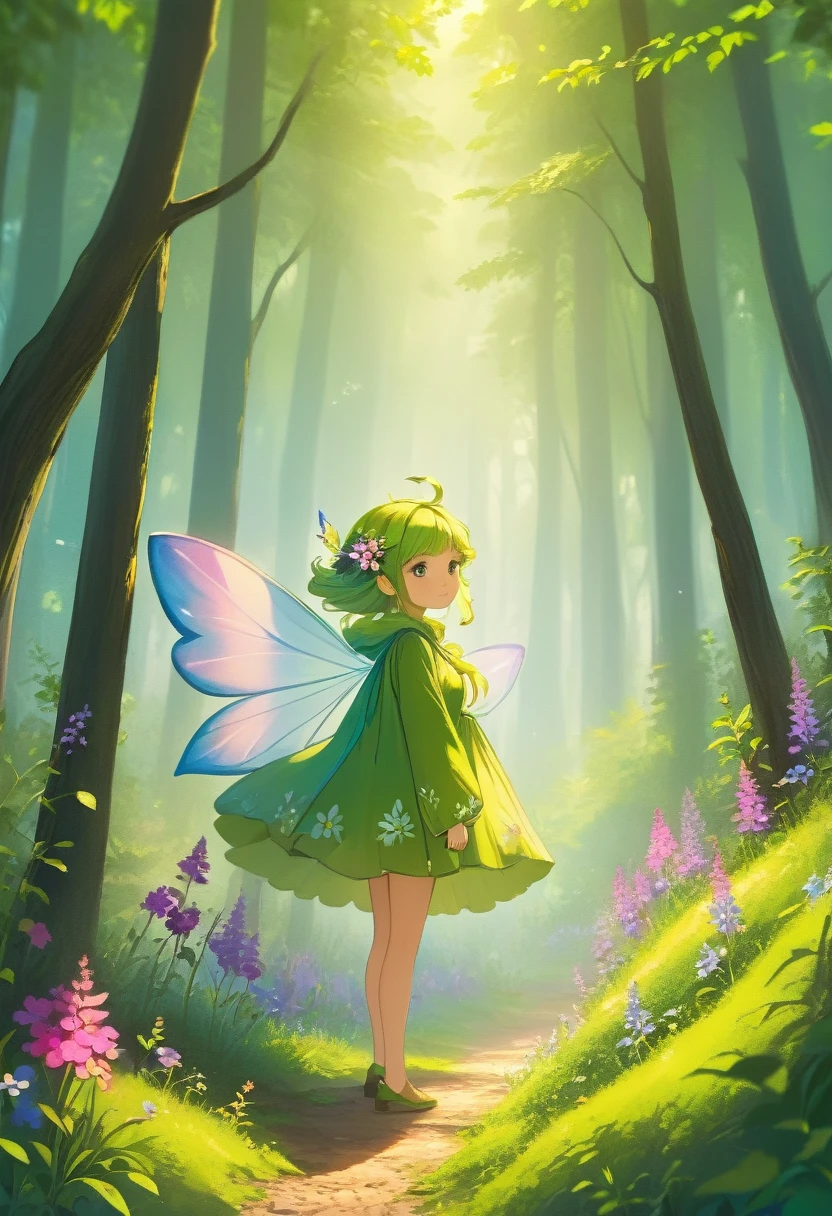 Forest Fairy,Mysterious, small and cute,wood々In the thick forest,光に包まれた幾人もの妖精がwoodの枝に座っている,Mysterious Mysterious,Vibrant wildflowers blooming in the forest,Fantasy,Exquisite atmosphere,Masterpiece,Highest quality,Detailed anime art,Digital Art,