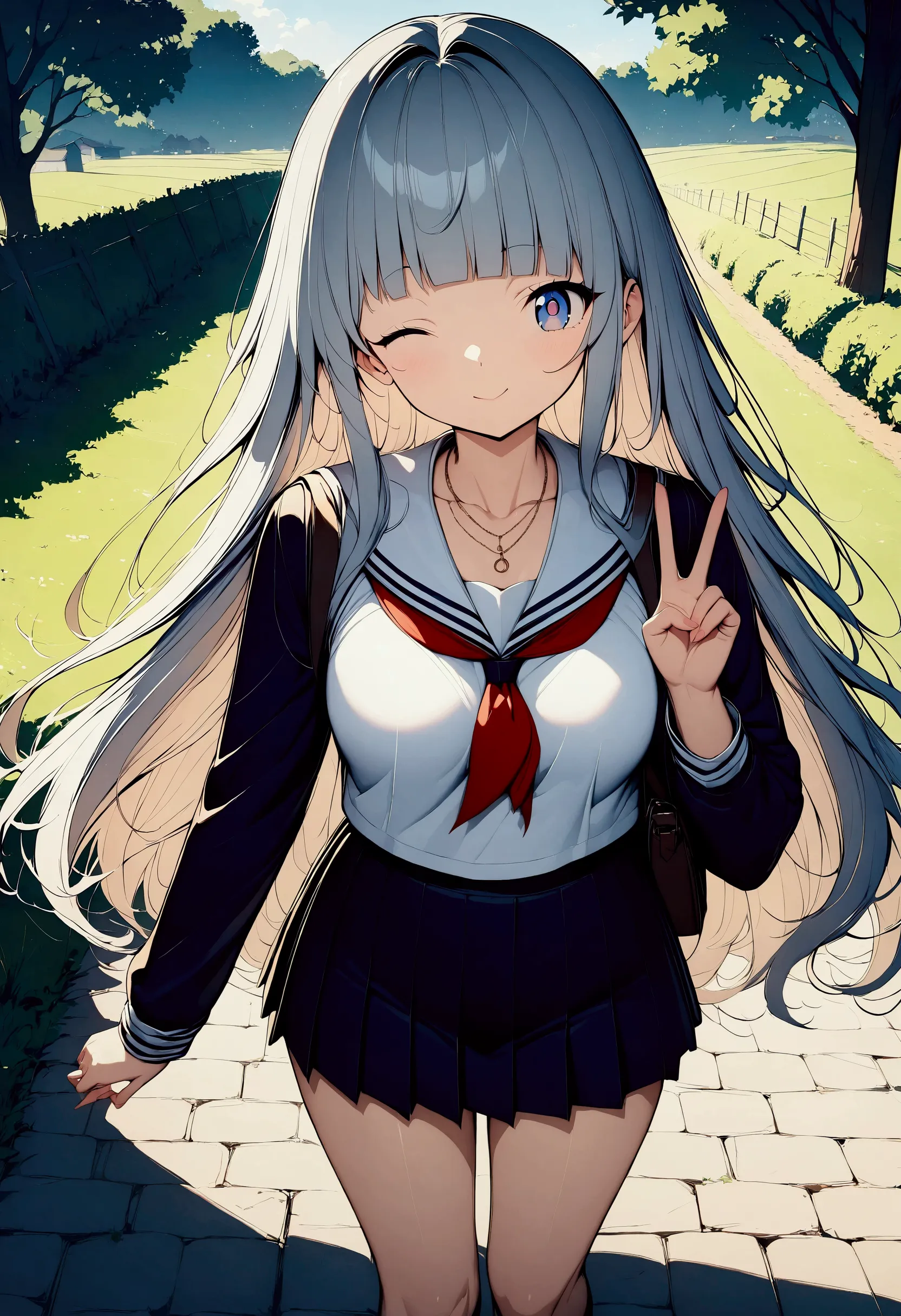 (((anime))) a woman winking,peace sign,cute,student,long hair,fluffy long hair,(gray hair),diagonal bangs,necklace,blue eyes,rur...