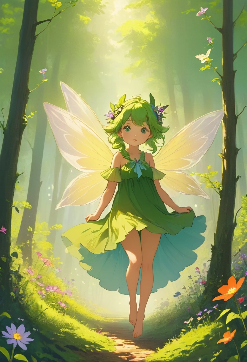 Forest Fairy,Mysterious, small and cute,wood々In the thick forest,光に包まれた幾人もの妖精がwoodの枝に座っている,flying,Barefoot,Mysterious Mysterious,Vibrant wildflowers blooming in the forest,Fantasy,Exquisite atmosphere,Masterpiece,Highest quality,Detailed anime art,Digital Art,