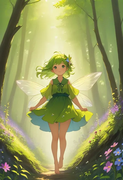 forest fairy,mysterious, small and cute,wood々in the thick forest,光に包まれた幾人もの妖精がwoodの枝に座っている,flying,barefoot,mysterious mysterious...