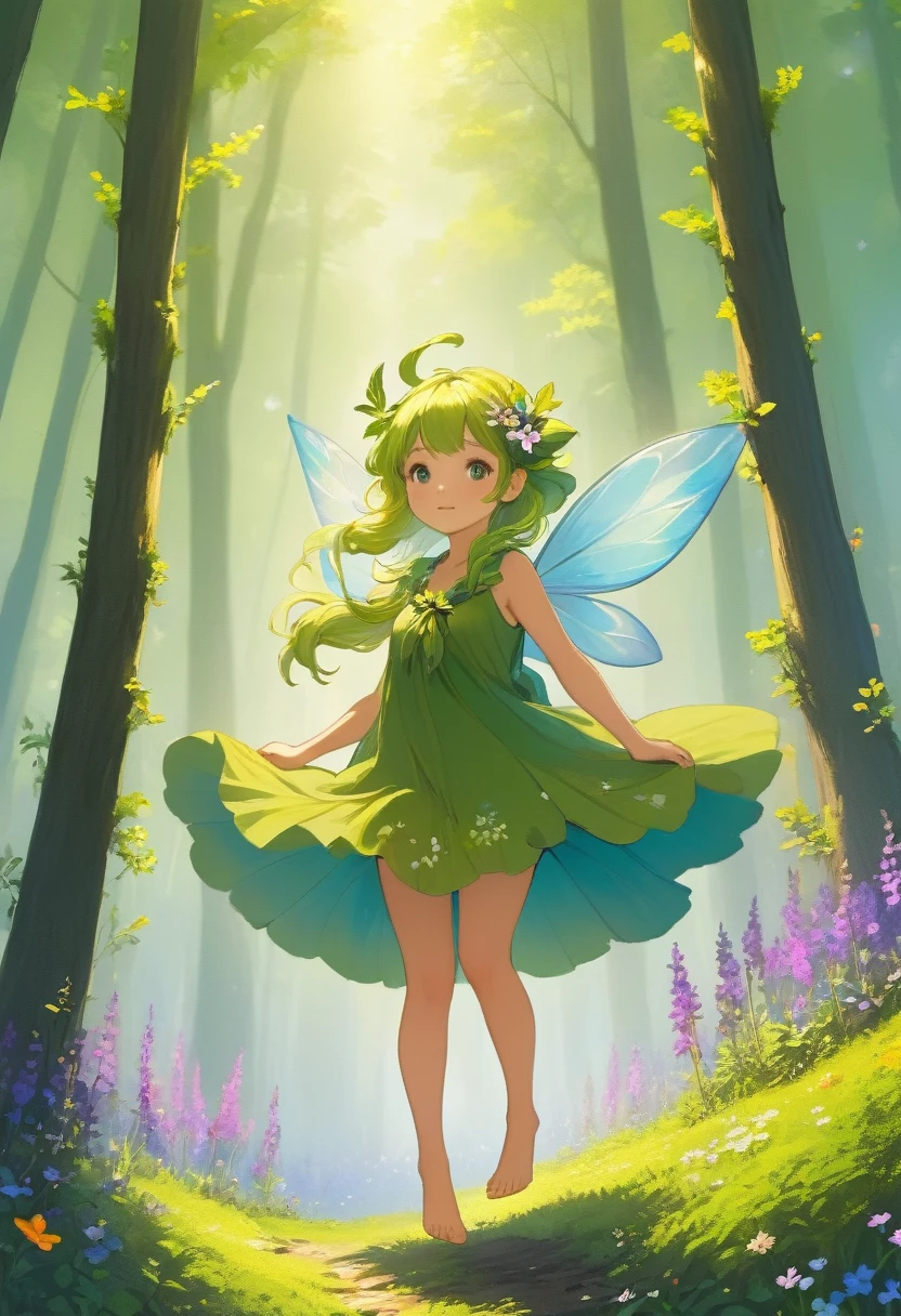 Forest Fairy,Mysterious, small and cute,wood々In the thick forest,光に包まれた幾人もの妖精がwoodの枝に座っている,Flying High,Barefoot,Mysterious Mysterious,Vibrant wildflowers blooming in the forest,Fantasy,Exquisite atmosphere,Masterpiece,Highest quality,Detailed anime art,Digital Art,