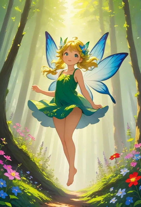 forest fairy,mysterious, small and cute,wood々in the thick forest,光に包まれた幾人もの妖精がwoodの枝に座っている,flying high and high,barefoot,mysteri...