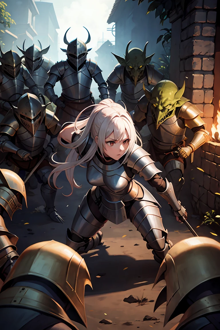 An injured female knight surrounded and attacked by multiple goblins during a battle