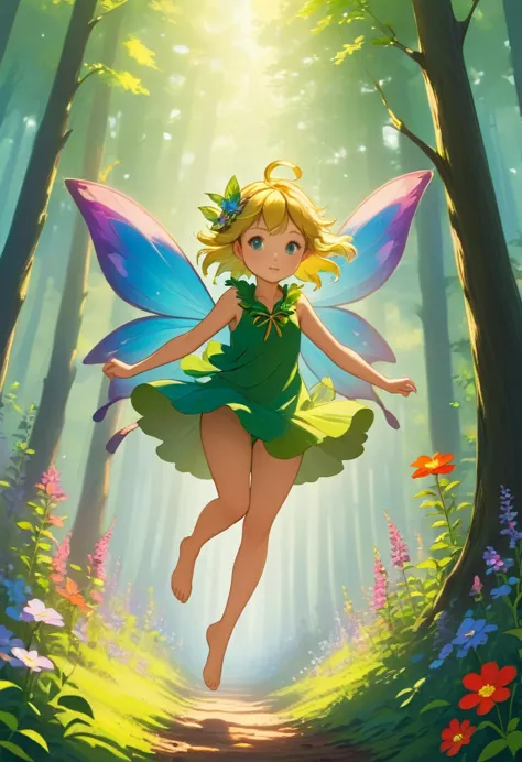 forest fairy,mysterious, small and cute,wood々in the thick forest,光に包まれた幾人もの妖精がwoodの枝に座っている,flying high and high,barefoot,running...