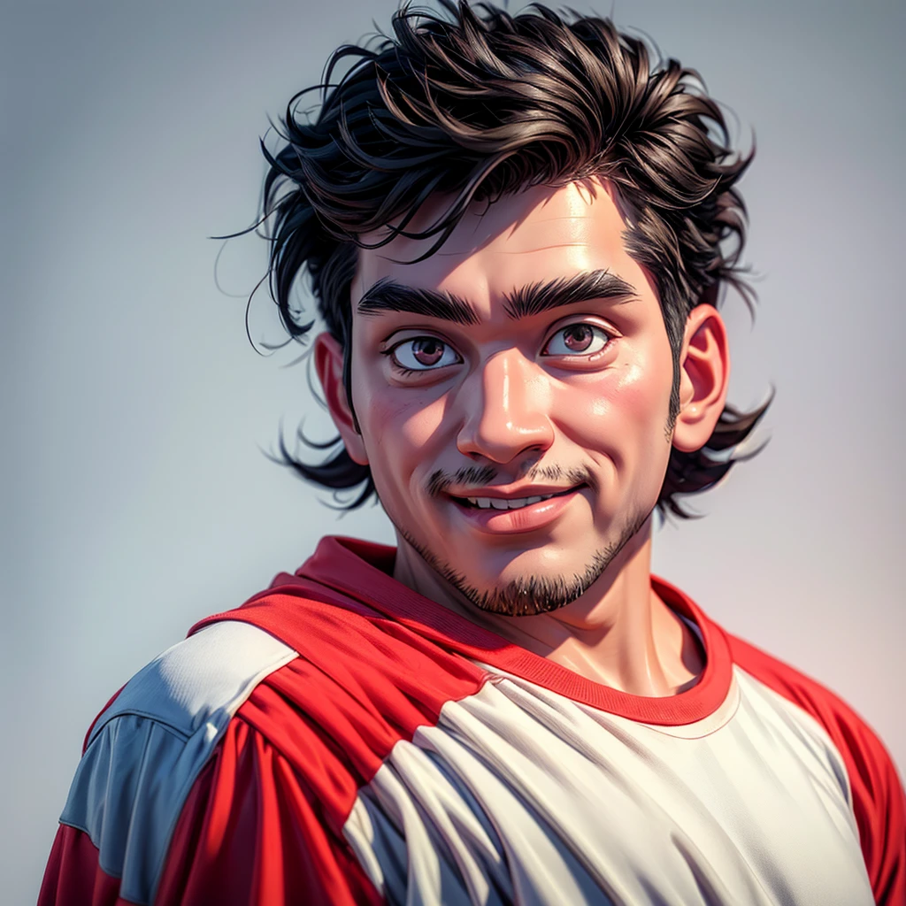 cartoon, caricature, 3D animation with a big head, an asian man, 30 years old, short black hair, realistic facial face, detailed facial face lines, oily skin, normal eyes, friendly smile, wearing a white t-shirt. Gradient red background, professional lighting, masterpiece, top quality, skin and face very detailed, ultra-realistic, high definition, studio lighting, sharp focus, body angle 2/3, Concept Art, 3D render.