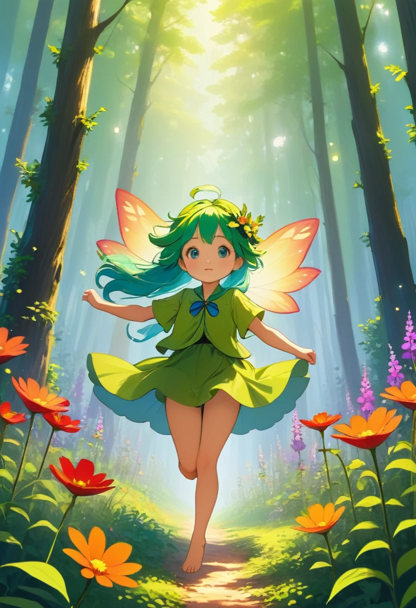 Forest Fairy,Mysterious, small and cute,wood々In the thick forest,光に包まれた幾人もの妖精がwoodの枝に座っている,Flying high and high,Barefoot,Running,Mysterious Mysterious,Vibrant wildflowers blooming in the forest,Fantasy,Exquisite atmosphere,Masterpiece,Highest quality,Detailed anime art,Digital Art,