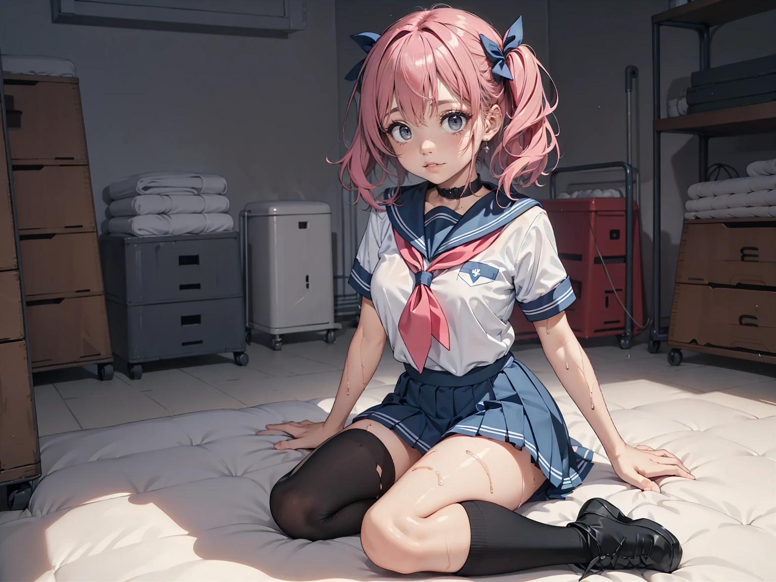 (Highest quality,4K,High resolution,masterpiece:1.2),Very detailed,Crumpled used tissues scattered on the floor,Pink rubber plastic bottle,Shiny pink toys,Several rubber toys,,The whole body is covered in oilで光沢感がある　とてもbeautiful girl　ベッドに横たわるbeautiful girl　Your breasts are too big　Very large breasts　Dynamic pose　Yogurt sauce spilled on the ground　Used tissue paper on the ground,　 Crumpled used tissue paper, Used tissue paper on the ground,　Excessive sweating on the face,Dripping sweat,Sit on the bed,　Dirty duvet　Very old thick mat ,Gymnasium Warehouse,Very old floorboards、Very dirty and old room,　There are a lot of used tissues on the floor ,　Crumpled used garbage is scattered all over the place.....,　 A room cluttered with used tissue paper,　I am going to cry　Embarrassing　Used, wrinkled tissue rolls are scattered around　Wearing a sailor uniform　Very cute pleated skirt　Cute, tight-fitting pink shorts　Primary school students　Illustration Style　Anime Style　wide lips　beautiful girl　Very cute clothes　Cheeks pink　Light purple hair　Blonde long hair　super curly hair　Super long sideburns　Rubber clothing　hair band　Pearl white silk tights that become transparent when wet　White super long boots　Big eyes　Droopy eyes　Shocking Pink Rouge　Sweating profusely　　Crushed used tissue paper　The whole body is wet from rain　Steam coming out of the whole body　Steam rises across the screen.　white breath　Haa　The whole body is covered in oil　evening　Overall orange background　Sunset sunshine　The whole body is covered in oilで光沢感がある　Tear used tissue paper into small pieces,　 Crumpled tissue paper, Torn tissue paper scattered on the ground,　Excessive sweating on the face,Dripping sweat,汚れたSit on the bed,　Dirty bedding　
