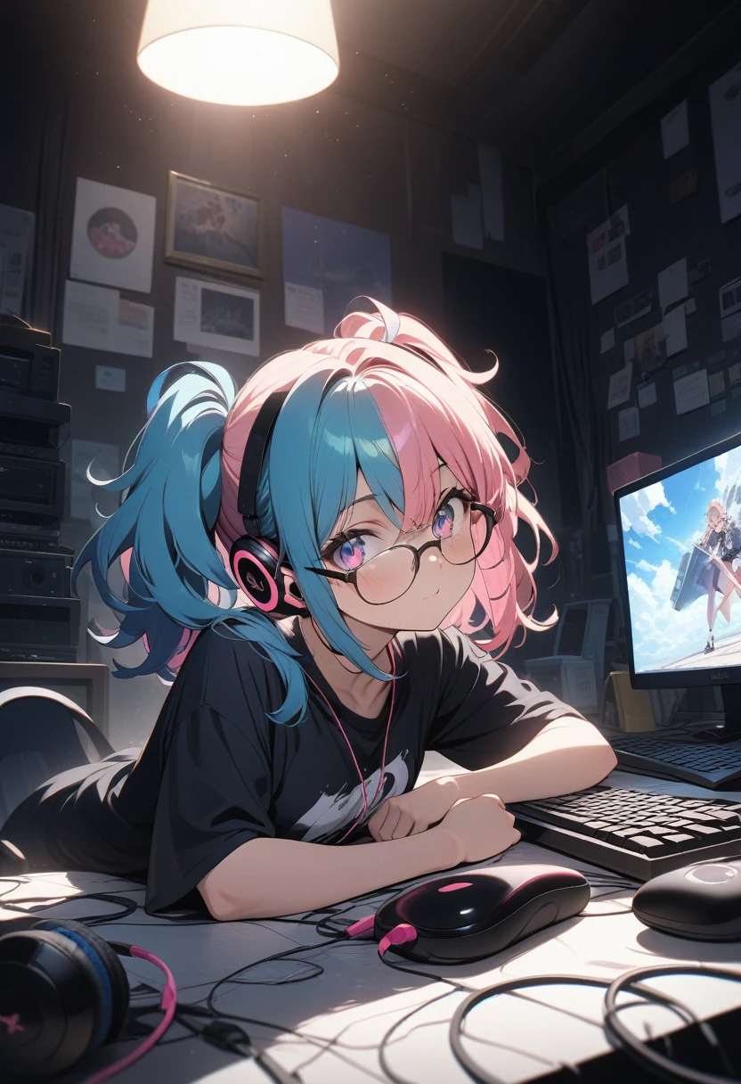 1 girl, ((Hacker girl)), geek, cute girl, fluffy hair, light reflecting in the eyes, (detailed beautiful eyes), 
countless monitors, keyboard, cables, earphones, glasses, dark and messy room, 
((very detailed, ultra-high resolution, absurdres, highres, masterpiece, best quality, very aesthetic, fine texture, newest, perfect lighting, best shadow, sharp focus, high color saturation)), (anatomically correct, perfect hands), (professional photography), ((anime art style)), 