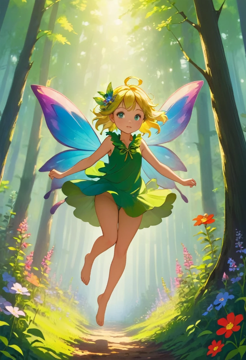 Forest Fairy,Mysterious, small and cute,wood々In the thick forest,光に包まれた幾人もの妖精がwoodの枝に座っている,Flying high and high,Barefoot,Running,Mysterious Mysterious,Vibrant wildflowers blooming in the forest,Fantasy,Exquisite atmosphere,Masterpiece,Highest quality,Detailed anime art,Digital Art,