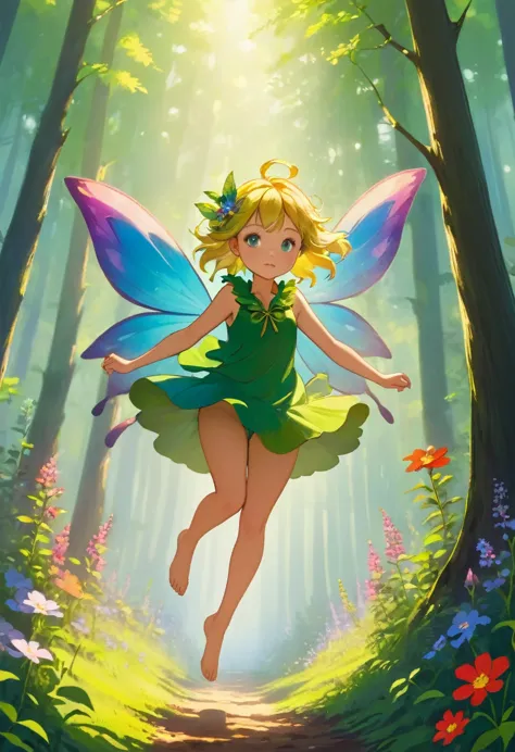 forest fairy,mysterious, small and cute,wood々in the thick forest,光に包まれた幾人もの妖精がwoodの枝に座っている,flying high and high,barefoot,running...