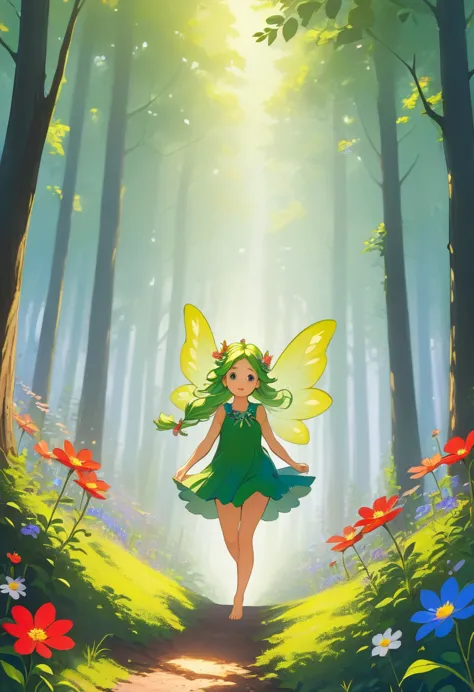 forest fairy,mysterious, small and cute,wood々in the thick forest,光に包まれた幾人もの妖精がwoodの枝に座っている,flying high and high,barefoot,running...