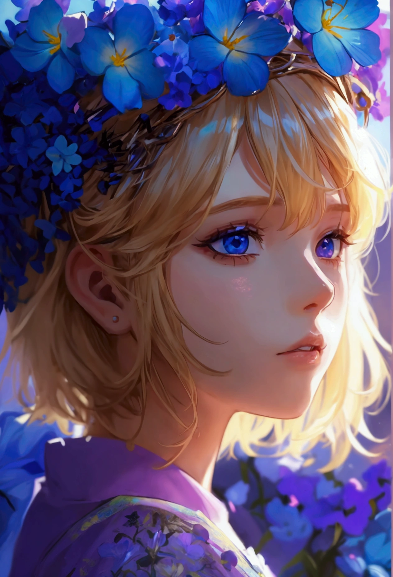 Girl with Blonde Hair, Purple & Blue Flowers on Head, Purple Shirt with Blue Overalls, Lavender Eyes And Dragons in the Background