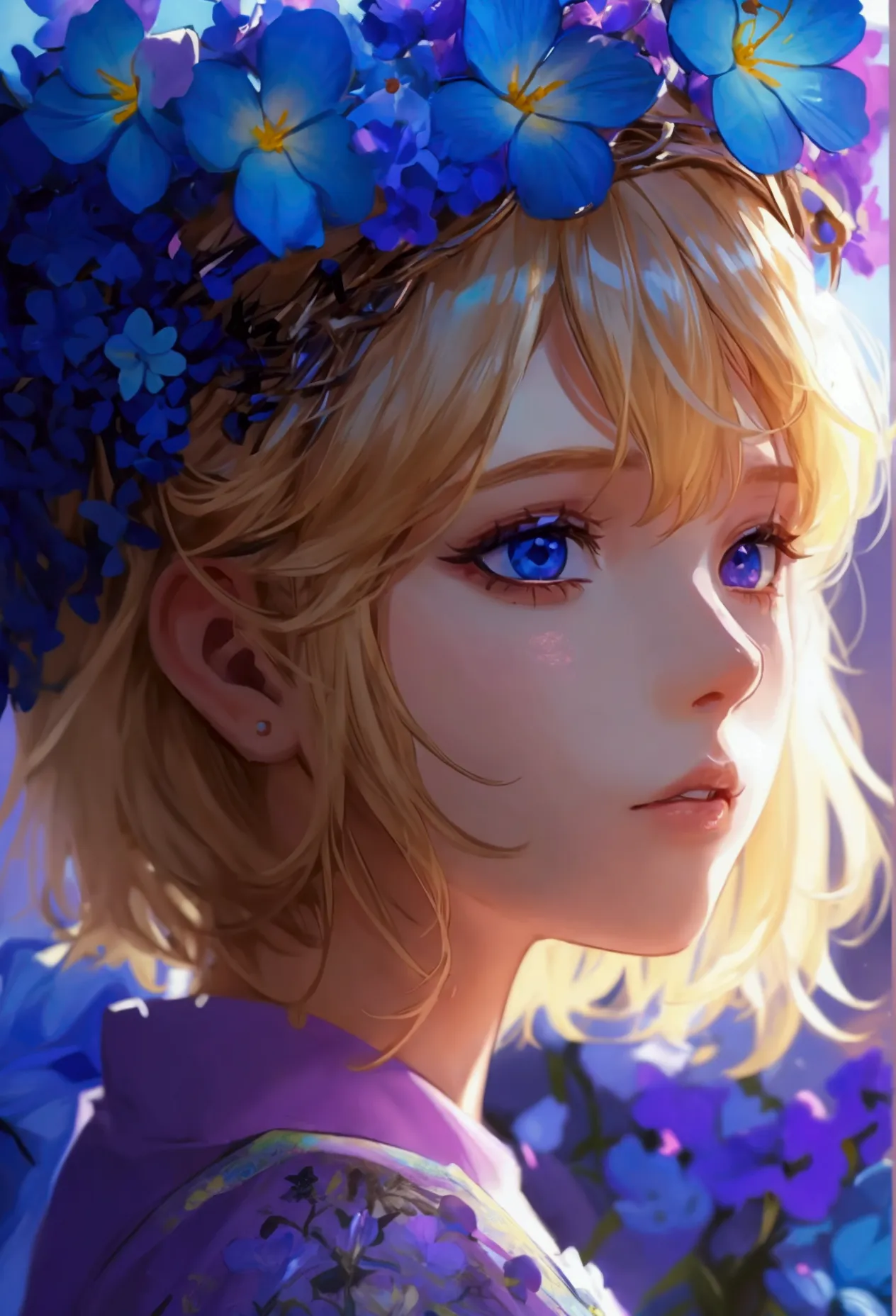 girl with blonde hair, purple & blue flowers on head, purple shirt with blue overalls, lavender eyes and dragons in the backgrou...