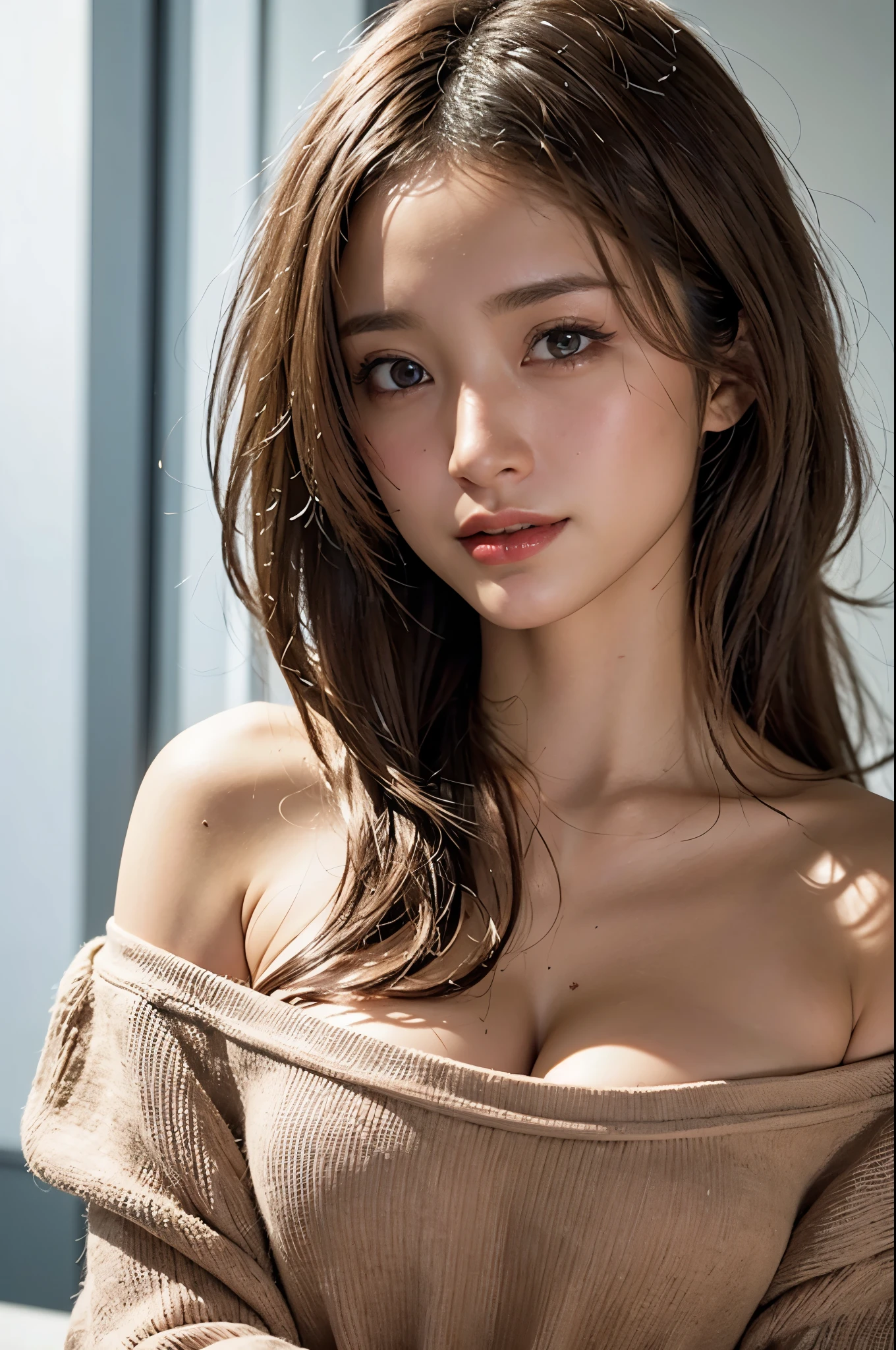 (RAW Photos, Highest quality), (Realistic, photo-Realistic:1.3),Highest quality,Very detailed,masterpiece,Very detailed,figure,One girl,upper_body,Dynamic Angle,world masterpiece theater,Messy_length_hair,Highest quality,Very detailed CG ユニティ 8k 壁紙,ink,wonderful,Cinema Lighting,lens_Flare,,Dunhuang_style、(Light brown wavy hair:1.8)、Off-the-shoulder knit、Spring-like colors、Ultra-high resolution face、超高解像度のhair、Ultra-high resolution sparkling eyes、Ultra high resolution glossy lips、The best smile:1.8,Face close-up:1.2,