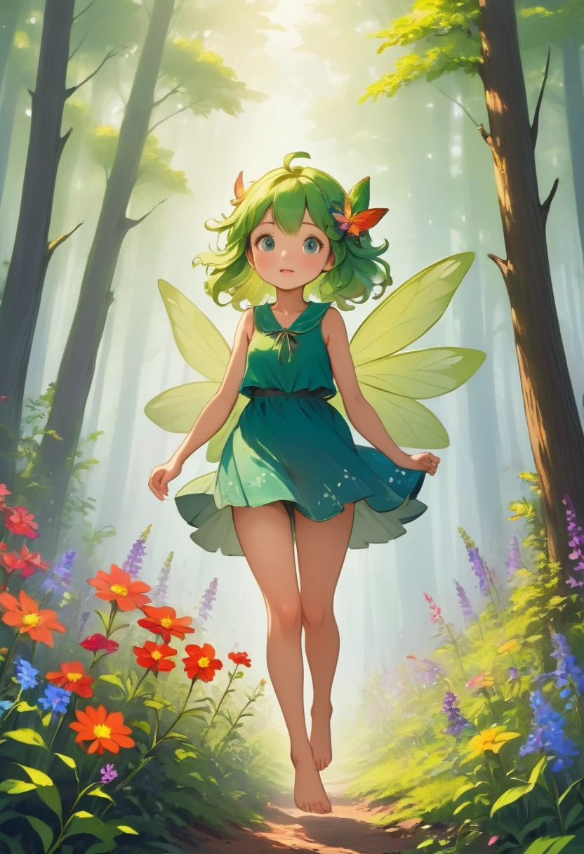 Forest Fairy,Mysterious, small and cute,wood々In the thick forest,光に包まれた幾人もの妖精がwoodの枝に座っている,Flying high and high,Barefoot,Running,Mysterious Mysterious,Vibrant wildflowers blooming in the forest,Fantasy,Exquisite atmosphere,Masterpiece,Highest quality,Detailed anime art,Digital Art,