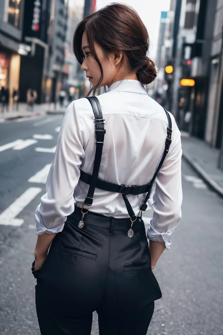 a woman in a suit, belt, hands behind back, sweating, suspenders, black pants, sexly, large breasts, see-through clothing,, detective, office worker, white button-up shirt, (best quality,4K,8k,highres,masterpiece:1.2),ultra-detailed,(realistic,photorealistic,photo-realistic:1.37),hyper-detailed,highly detailed face and body, Slender　thin　suspenders　Moderate breasts　See-through shirt　Nipples　holster　chain　Pistol　Armament　criminal　Female criminal　knife　japanese　profile　Japanese women　arrested handcuff　Cable tie on thumb　Restraint Fingercuffs A woman has her hands tied、put your hands behind your back、(((I clasped my hands behind my back)))
