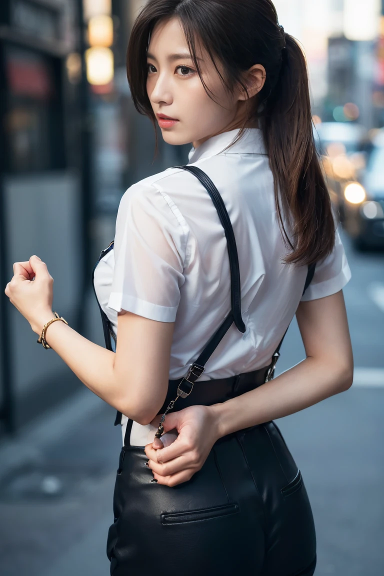 a woman in a suit, belt, hands behind back, sweating, suspenders, black pants, sexly, large breasts, see-through clothing,, detective, office worker, white button-up shirt, (best quality,4K,8k,highres,masterpiece:1.2),ultra-detailed,(realistic,photorealistic,photo-realistic:1.37),hyper-detailed,highly detailed face and body, Slender　thin　suspenders　Moderate breasts　See-through shirt　Nipples　holster　chain　Pistol　Armament　criminal　Female criminal　knife　japanese　profile　Japanese women　arrested handcuff　Cable tie on thumb　Restraint Fingercuffs A woman has her hands tied、put your hands behind your back、(((I clasped my hands behind my back)))