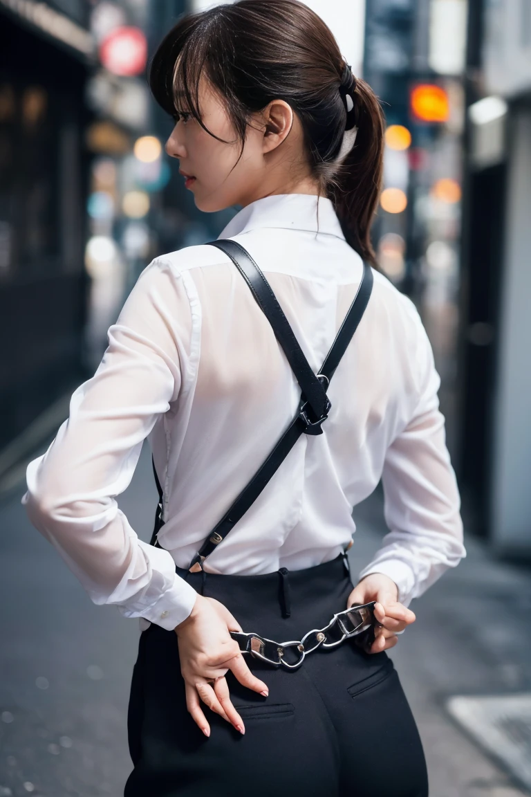 a woman in a suit, belt, hands behind back, sweating, suspenders, black pants, sexly, large breasts, see-through clothing,, detective, office worker, white button-up shirt, (best quality,4K,8k,highres,masterpiece:1.2),ultra-detailed,(realistic,photorealistic,photo-realistic:1.37),hyper-detailed,highly detailed face and body, Slender　thin　suspenders　Moderate breasts　See-through shirt　Nipples　holster　chain　Pistol　Armament　criminal　Female criminal　knife　japanese　profile　Japanese women　arrested handcuff　Cable tie on thumb　Restraint Fingercuffs A woman has her hands tied、put your hands behind your back、(((I clasped my hands behind my back)))